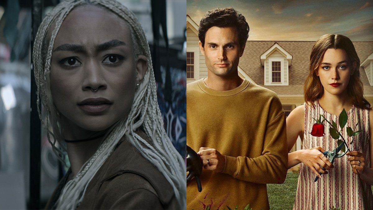 Tati Gabrielle como Marienne em cena da 4ª temporada de "You" e Penn Badgley e Victoria Pedretti no poster da 3ª temporada da série.